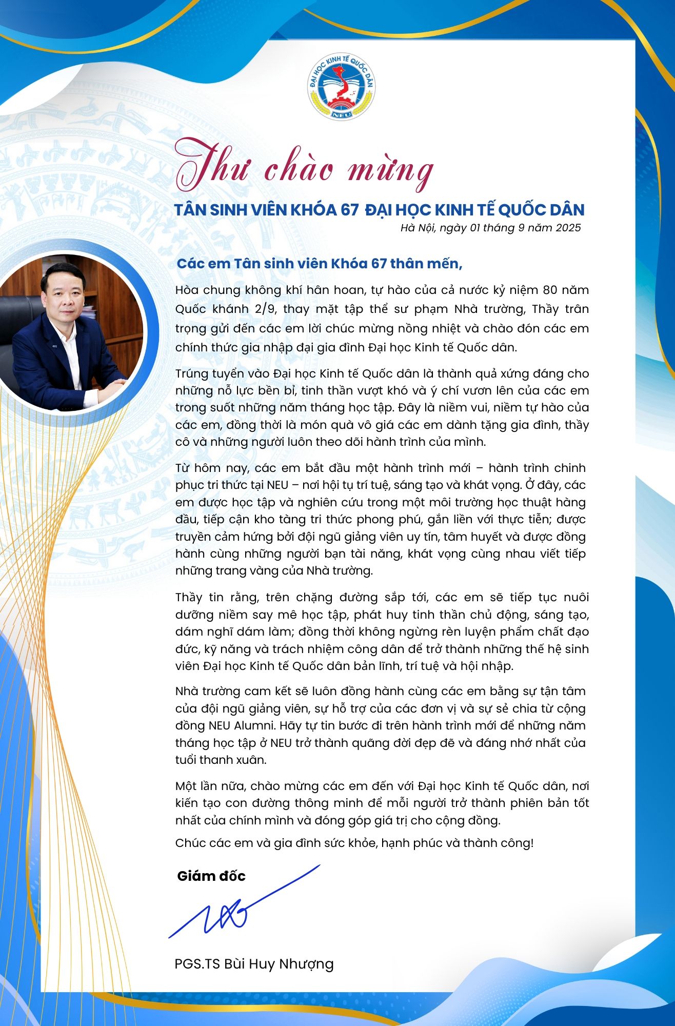 Thư chào mừng tân sinh viên khóa 67 từ Giám đốc Đại học Kinh tế Quốc dân